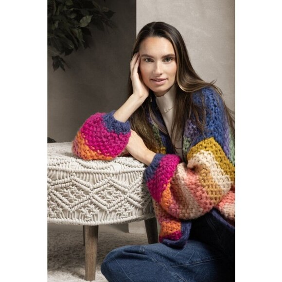 💕SAACHI💕 Mayflower Rainbow Stripe Cardigan ~ Hand Knit Multi-Color Medium - Picture 10 of 16